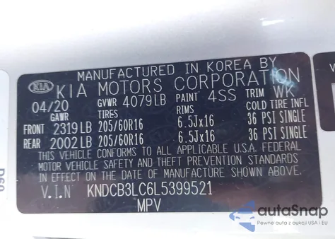 2020 Kia Niro Lx z USA, uszkodzony, nr VIN KNDCB3LC6L5399521